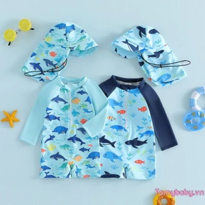 Bé Trai Rash Guard Đồ Bơi Cá Mập Rùa In Hình Dài Tay Mock Cổ Dây Kéo Áo Liền Quần Có Mũ Bộ
