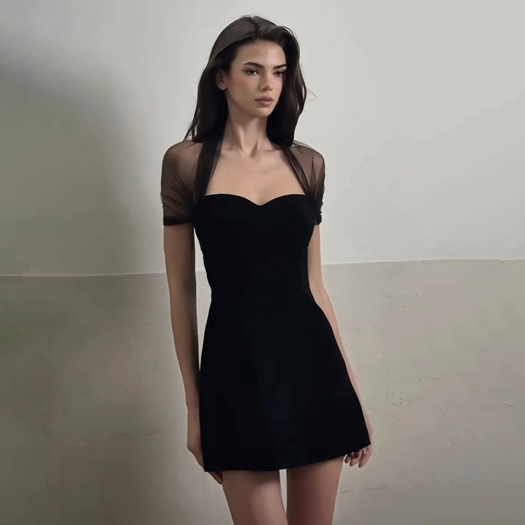 Đầm bodycon lưới chắp vá thanh lịch, cổ vuông tay ngắn co giãn, phù hợp dạ hội và câu lạc bộ