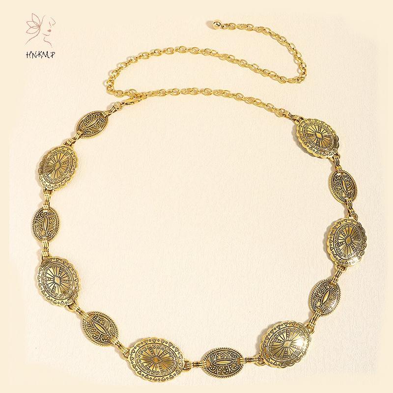 HNKMP Phong Cách Retro Nữ Dây Thắt Lưng Kim Loại Có Thể Điều Chỉnh Vòng Tròn Trang Trí Khắc Dây Xích Phụ Kiện Phong Cách Cao Cấp.