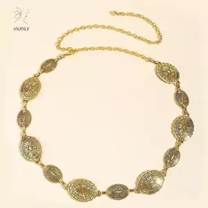 HNKMP Phong Cách Retro Nữ Dây Thắt Lưng Kim Loại Có Thể Điều Chỉnh Vòng Tròn Trang Trí Khắc Dây Xích Phụ Kiện Phong Cách Cao Cấp.