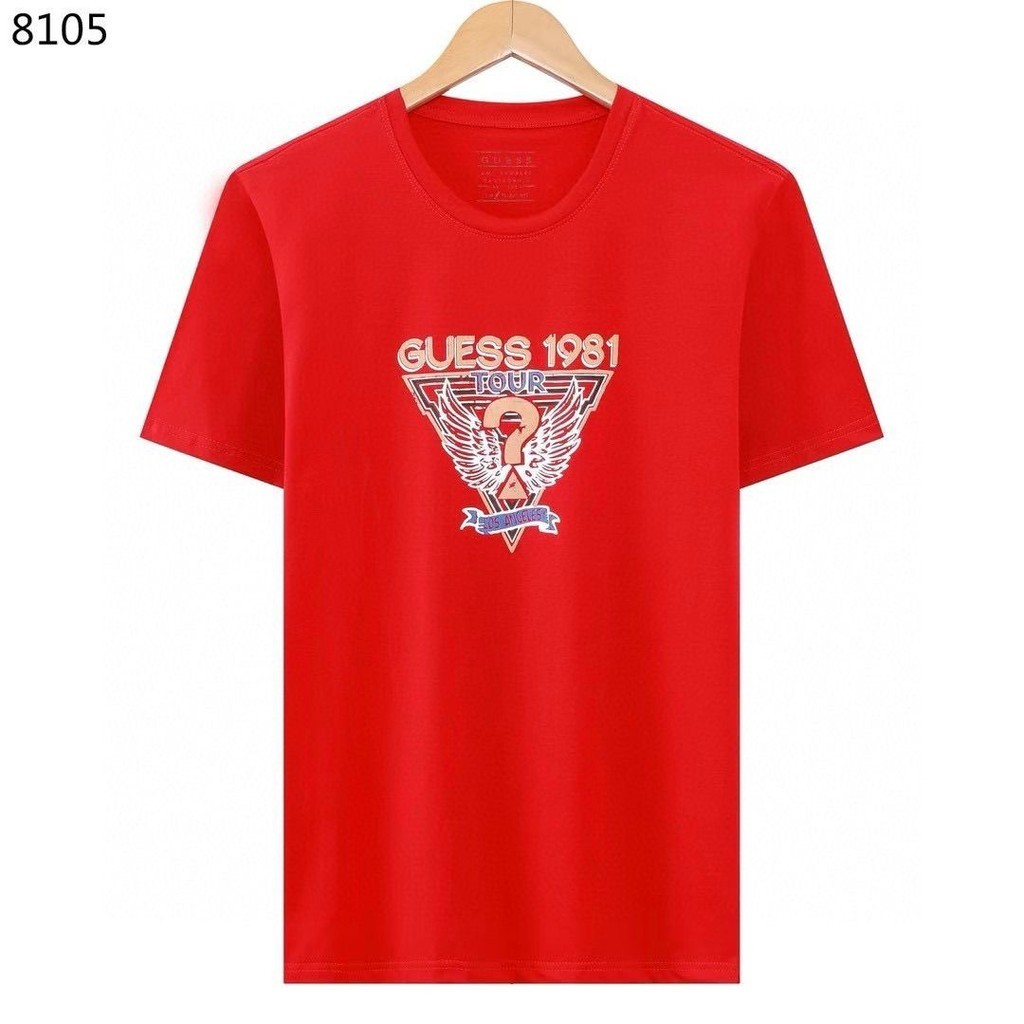 GUESS Mới Tay Ngắn 100% Cotton Cao Cấp Đơn Giản Ngược Tam Giác In Hình Áo Thun Thường Ngày