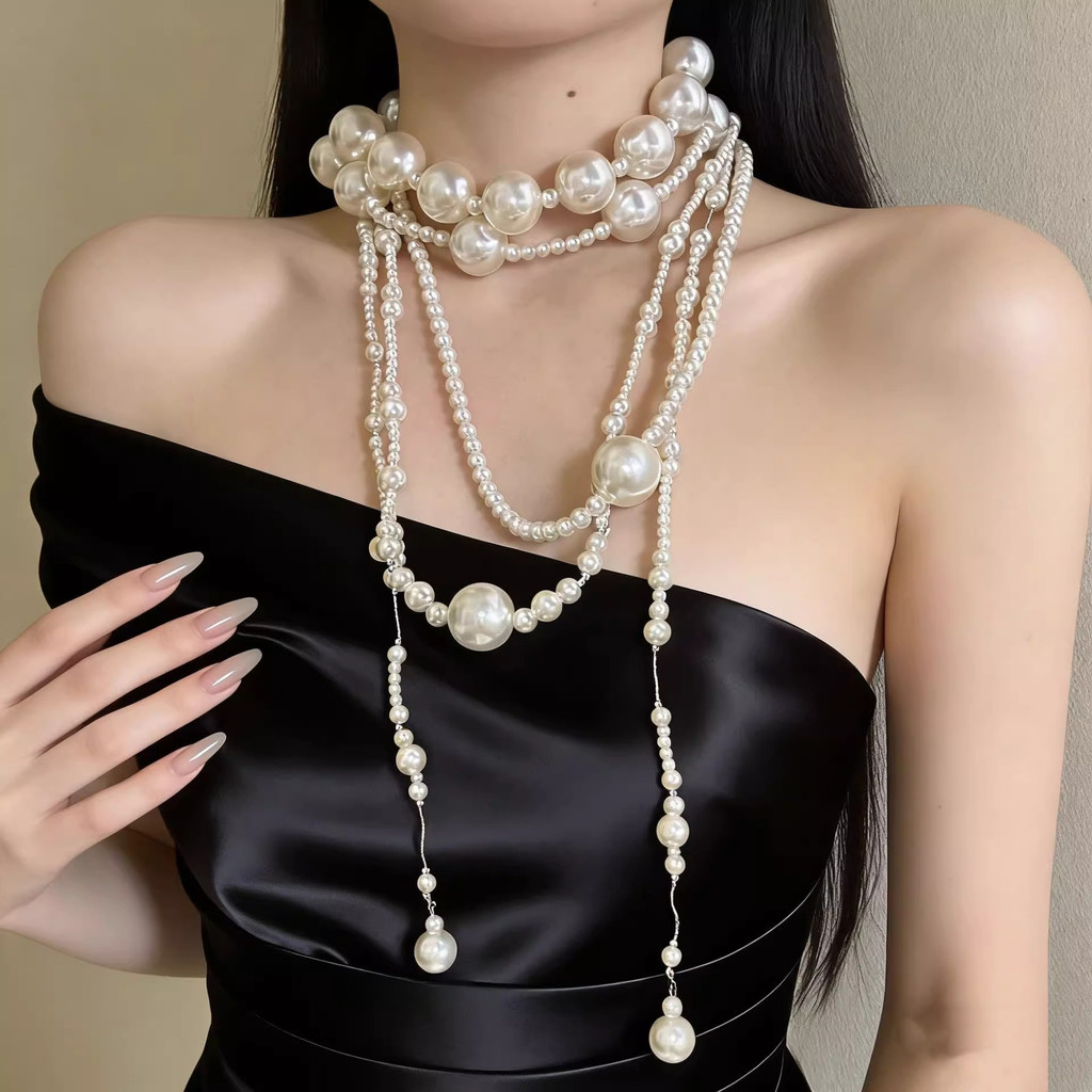 Vòng cổ tua rua ngọc trai nhiều lớp kiểu Pháp, đính cườm đẹp mắt, phụ kiện sang trọng cho nữ