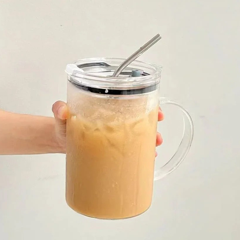 Cốc thủy tinh dung tích lớn 1L có nắp & ống hút | Đồ uống trong suốt cho nước ép, nước, cà phê đá