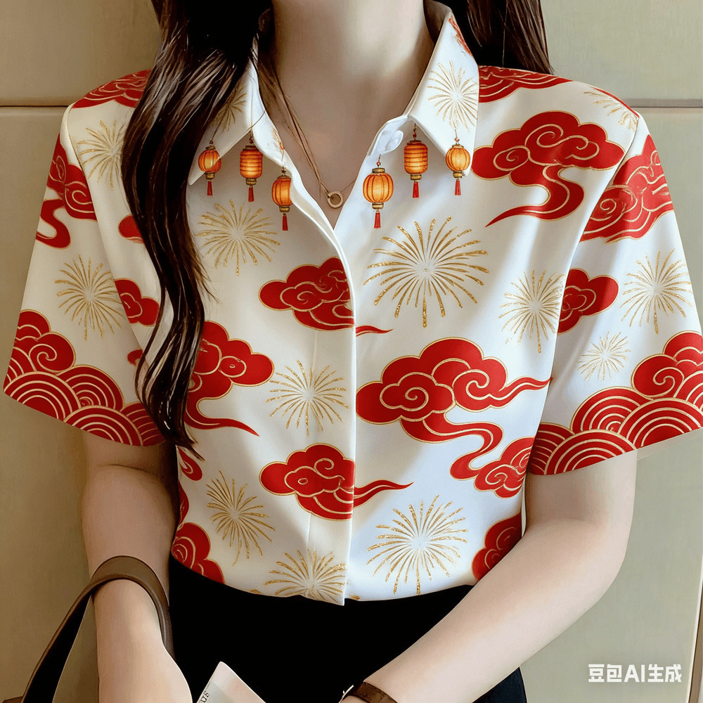 Áo sơ mi tay ngắn 3D oversize dành cho Tết Nguyên Đán