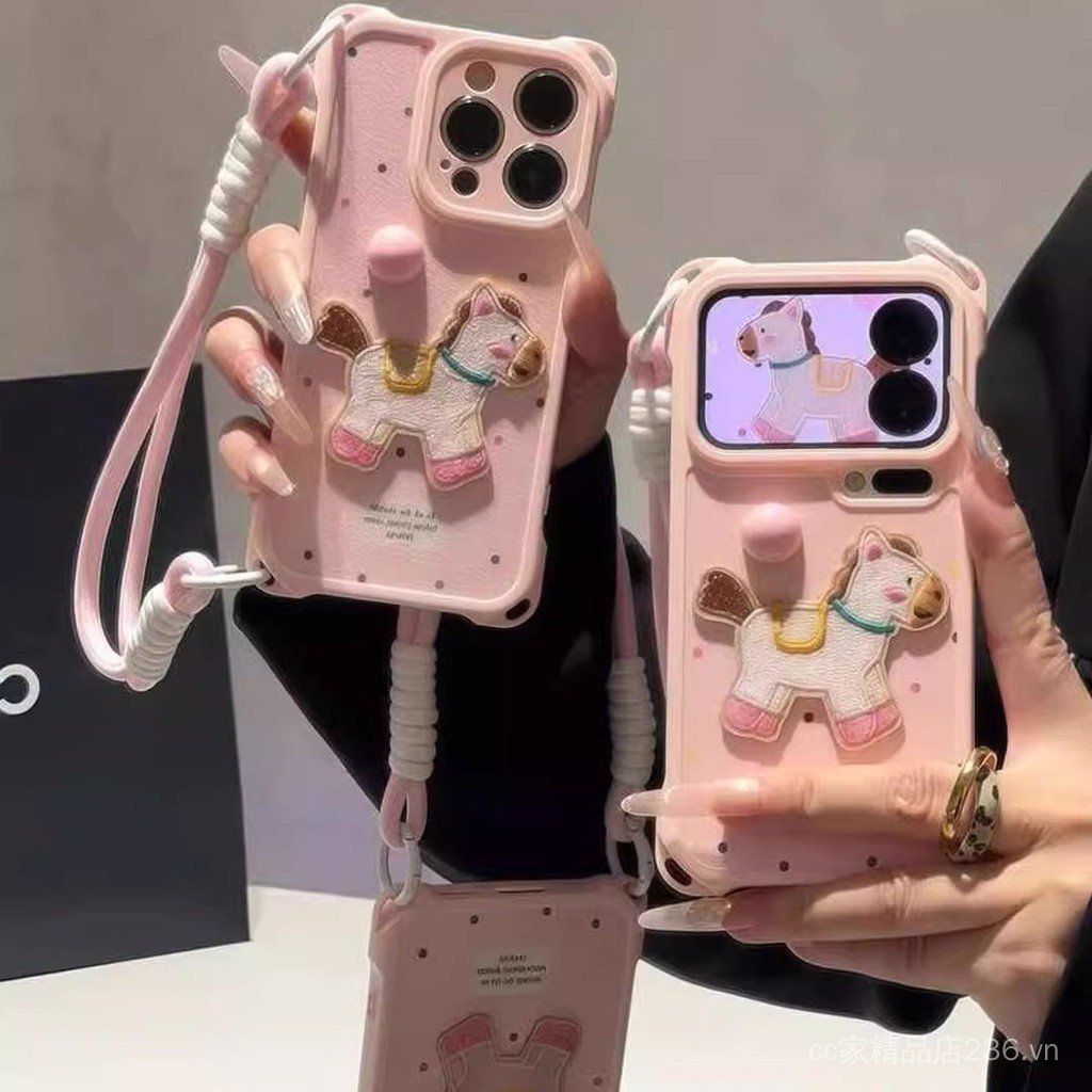 Chấm Bi Màu Hồng Pony Thích Hợp Cho iPhone17 / 16promax Ốp Điện Thoại 15 / 14 / 13P70 Dây Buộc Dễ Thương