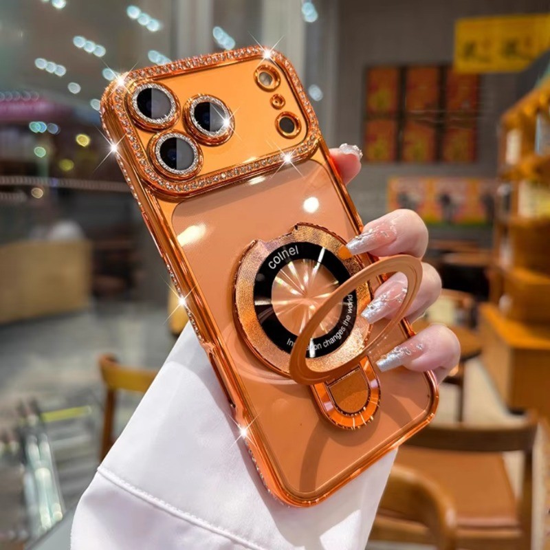 Ốp Điện Thoại Kim Cương Giả Sang Trọng Cho iPhone 17 Pro Max 16 Plus 15 14 13 12 11 Không Khí Có Giá Đỡ Từ Tính Nhẫn Trong Suốt Ốp Lưng