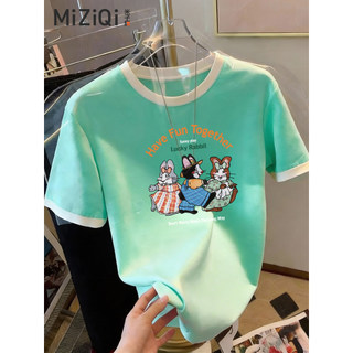 【Hạn giờ】Áo Thun Nữ Cotton Nguyên Chất, Phong Cách Mới, Cổ Tròn, Màu Sắc Tương Phản