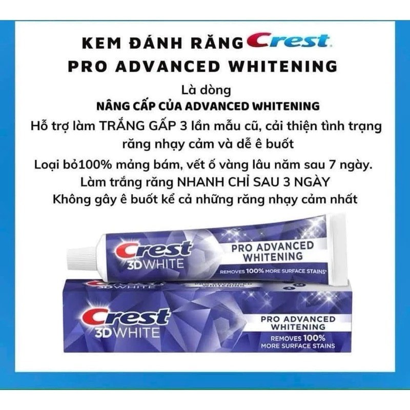 Kem đánh răng Crest 3D White Advanced Whitening 147G Bản Mỹ  Giúp loại bỏ các vết ố vàng trên bề mặt răng