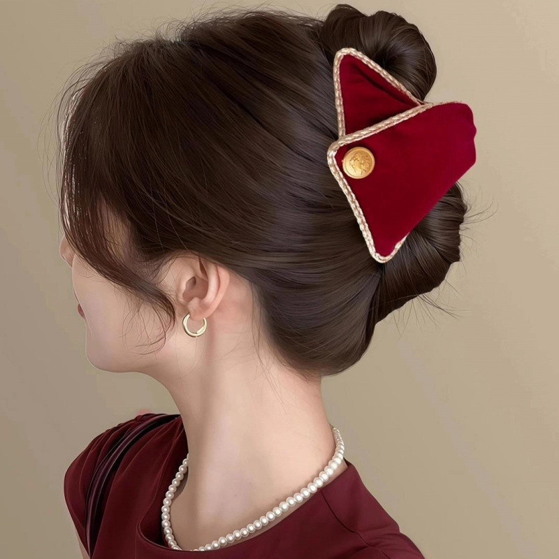 Màu nâu Retro Nhung Ngọc Trai Tam Giác Kẹp Lưng Đầu Cá Mập Kẹp Tóc Phụ Kiện Cho Nữ
