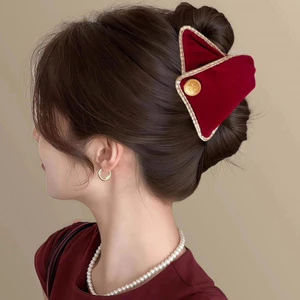 Màu nâu Retro Nhung Ngọc Trai Tam Giác Kẹp Lưng Đầu Cá Mập Kẹp Tóc Phụ Kiện Cho Nữ