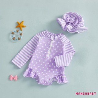 MG-Toddler Bé Gái Rash Guard Đồ Bơi Dễ Thương Thời Trang Dài Tay Sọc Chấm Áo liền quần Có Mũ 2 Chiếc Đồ Bơi