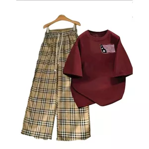 Quần kẻ caro vàng + và áo phông form rộng tay lỡ cờ mỹ -quanaao94