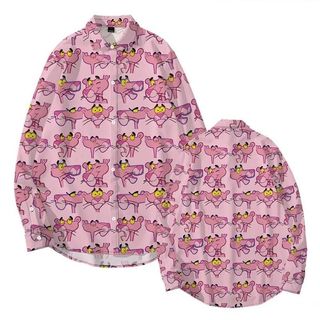 Áo sơ mi dài tay in hình Pink Panther hoạt hình màu hồng, phù hợp hàng ngày