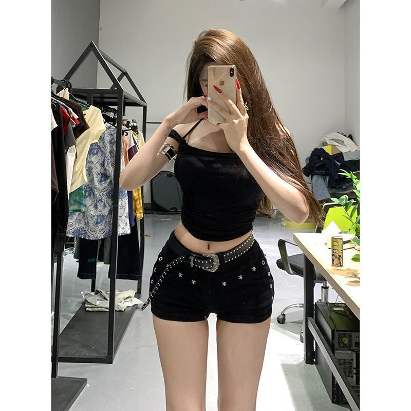 Cao Cấp Quần Short Denim Nữ Mùa Hè, Đinh Tán Nâng Hông, Phong Cách Skinny Mỏng