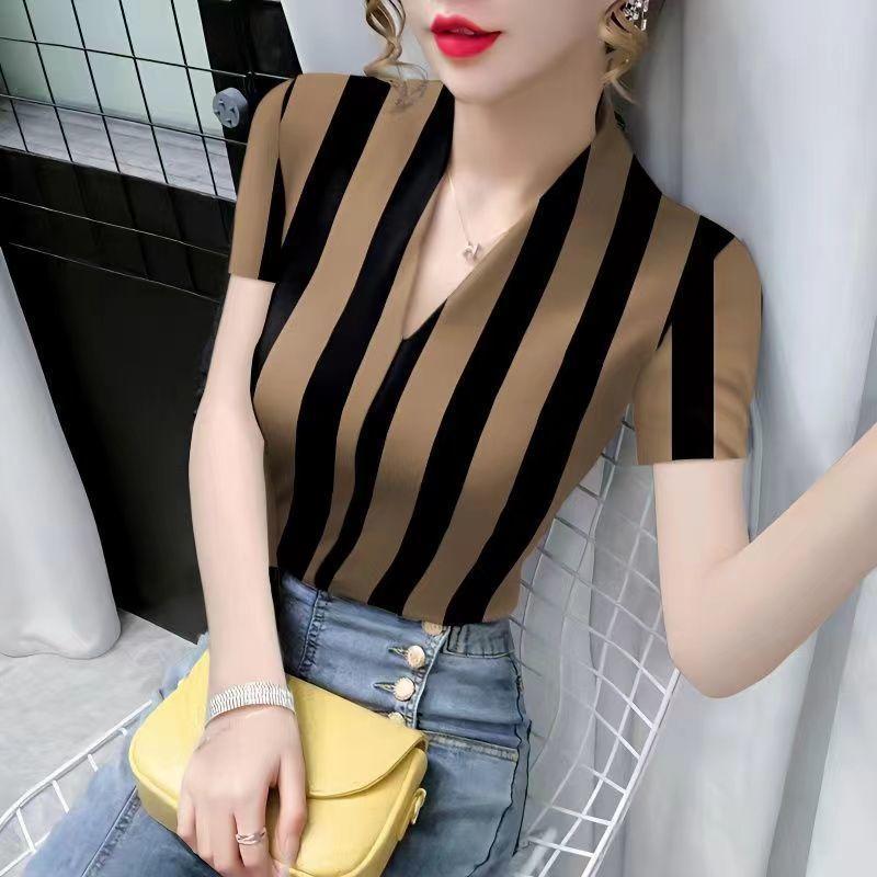 Áo thun nữ cổ chữ V slim-fit chất liệu lụa lạnh, phong cách phương Tây, xu hướng xuân hè