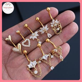 Sản phẩm nhẫn bụng nút pha lê thời trang zircon hình trái tim, phù hợp với nữ và bé gái, thiết kế xuyên inox đẹp mắt