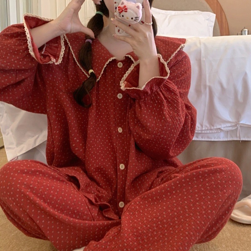 Phong Cách Hàn Quốc Đỏ Nhỏ Hoa Dài Tay Quần Bộ Đồ Ngủ Nữ Xuân Thu Đông Rời Ren Loungewear Phù Hợp Với