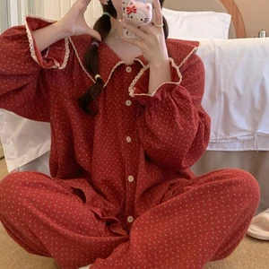 Phong Cách Hàn Quốc Đỏ Nhỏ Hoa Dài Tay Quần Bộ Đồ Ngủ Nữ Xuân Thu Đông Rời Ren Loungewear Phù Hợp Với