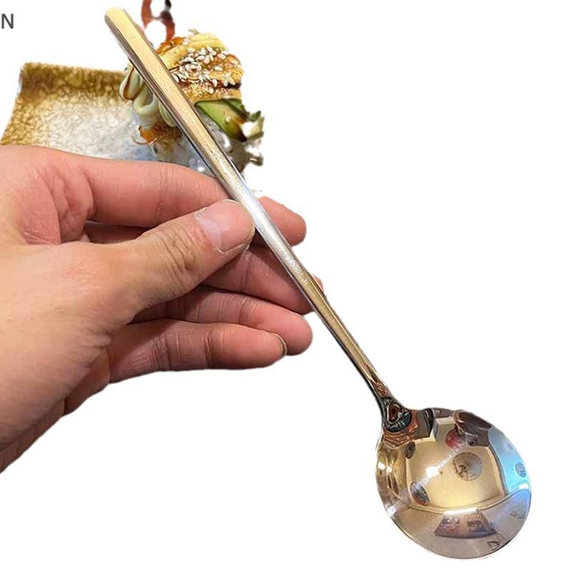 NS Thép không gỉ Đầu Lớn Thìa Tròn Lưới Đỏ Vàng Bữa Tối Tay Cầm Dài Khuấy Món Tráng Miệng Thìa Cho Phụ Kiện Nhà Bếp Tiện Ích NS