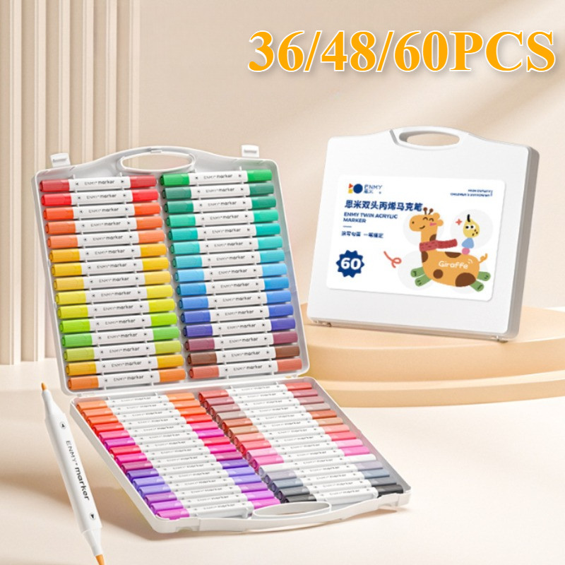 Bút Màu Acrylic Marker 2 Đầu, Bộ 36/48/60 Màu, Màu Không Lem Tươi Sáng Vẽ Trên Nhiều Chất Liệu