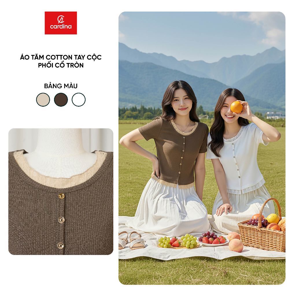 Áo thun nữ CARDINA chất tăm cotton cộc tay phối cổ tròn 6AFC01