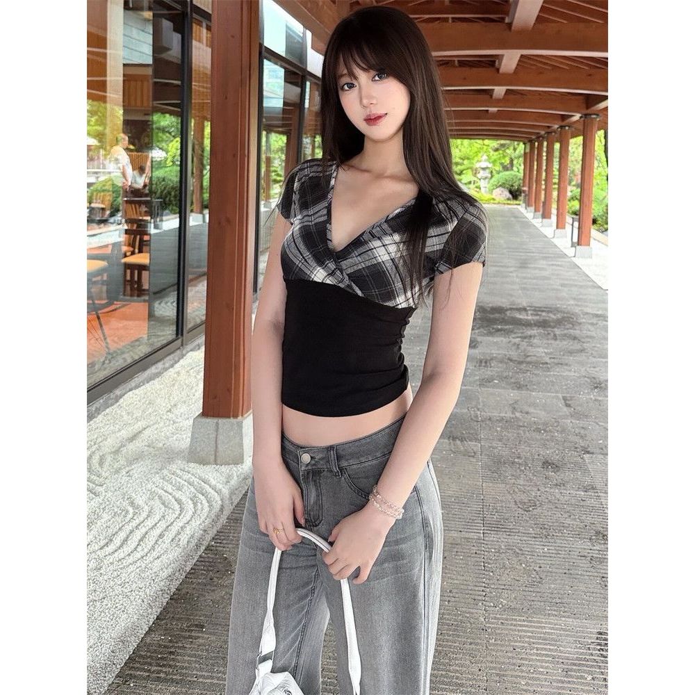 <![Giảm giá 50%] American Sweet - Áo Thun Nữ Mùa Hè, Cổ Chữ V, Tay Ngắn, Dây Vai, Kiểu Kẻ Sọc Trang Trọng