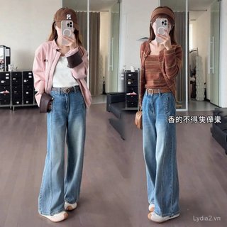 Quần Jean Ống Rộng Màu Xanh Cổ Điển Phong Cách Phương Tây - Plus Size Eo Cao Ôm Sát
