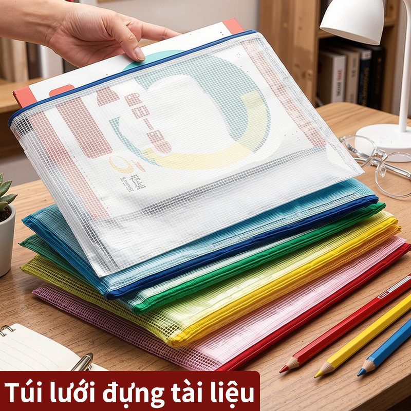 Túi đựng tài liệu có khóa kéo trong suốt chống thấm nước, bộ túi lưới tiện lợi với khóa kéo