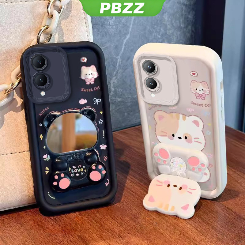 Ốp Lưng Cho VIVO Y17S 5G 2023 Vỏ Điện Thoại Vỏ Mềm Silicon Chống Sốc Thiết Kế Mới Thẩm Mỹ Hoạt Hình Mèo Có Giá Đỡ Cho Gương JTMMZJ01
