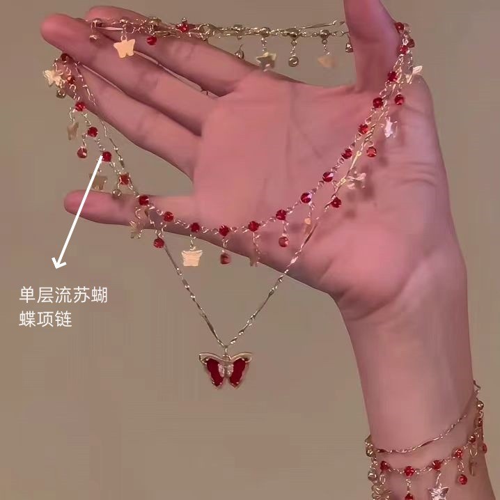 {Bướm Giấc Mơ Đỏ Lãng Mạn} Vòng Cổ Bướm Phong Cách Nữ 2026 Phong Cách Mới Bán Chạy Nhiều Lớp Xương Đòn Dây Chuyền Đỏ