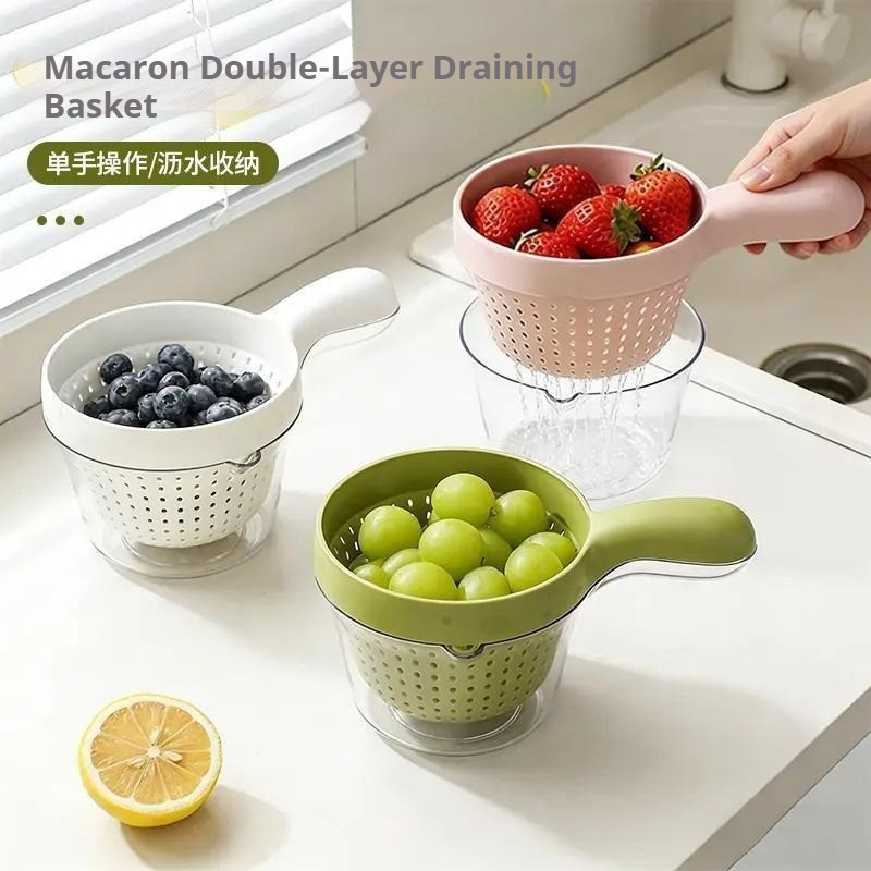 Giỏ thoát nước Macaron có tay cầm Rửa hai lớp Dụng cụ tiện dụng trái cây dễ thương