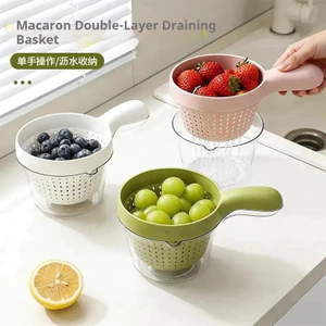 Giỏ thoát nước Macaron có tay cầm Rửa hai lớp Dụng cụ tiện dụng trái cây dễ thương