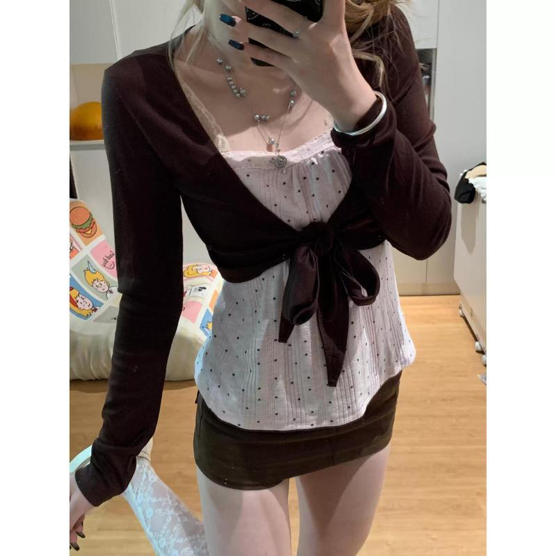 [Bộ đồ hai mảnh chấm bi nâu hồng] Mùa xuân hè phong cách Hàn Quốc nhẹ nhàng, áo len cardigan nữ