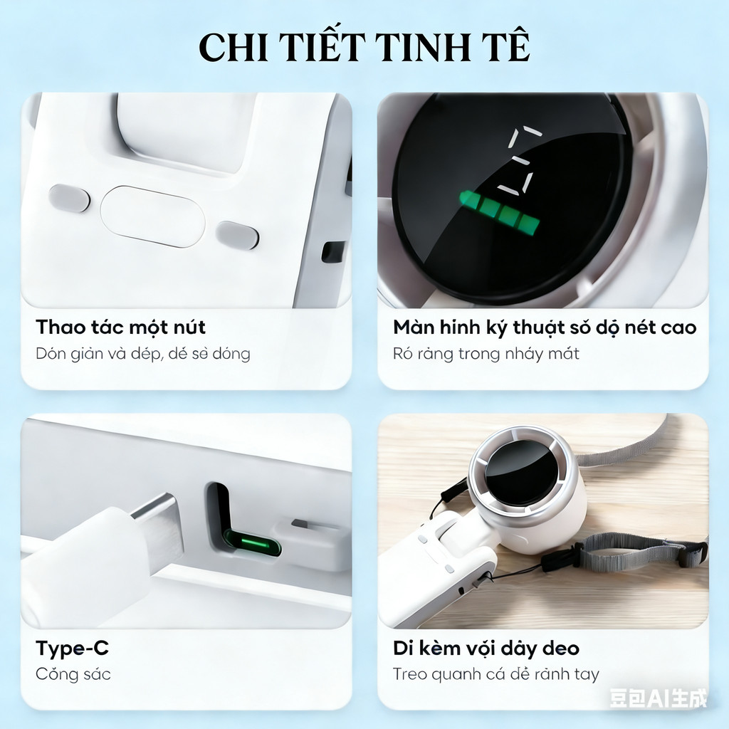 Quạt Cầm Tay Tích Điện Gió Mạnh Turbo Công Suất 5Cấp Độ Gió Kèm Dây Đeo Cổ Màn hình LED hiển thị pin