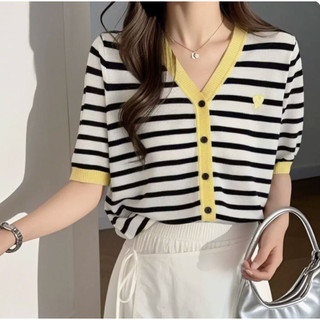 Áo len sọc tay ngắn cổ chữ V phong cách mới, phù hợp mùa hè