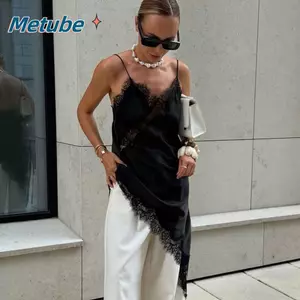 Đầm ren METUBE, chất liệu satin, cổ chữ V bất đối xứng, phù hợp dạ hội