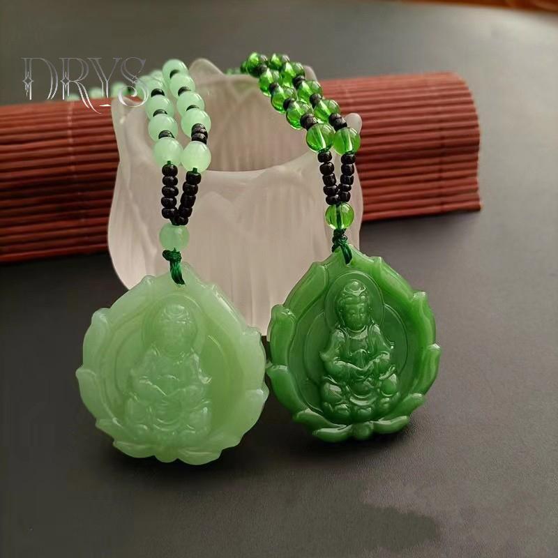 Dây chuyền ngọc xanh khắc hình Guanyin, trang sức phong thủy Phật giáo mới dành cho cả nam và nữ
