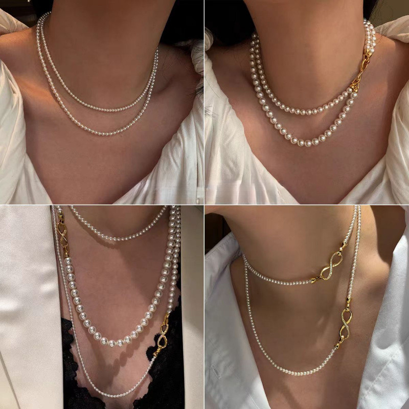 Phụ kiện cổ mới về dành cho nữ: Vòng cổ nhiều lớp ngọc trai hai sợi thủ công thời trang, không cần thời trang