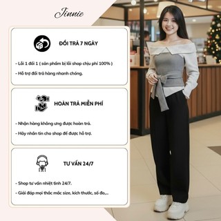 Áo Trễ Vai Thun Zip Phối Thô Kẻ Tiểu Thư Nơ Buộc Eo Tôn Dáng Thanh Lịch Mặc Đi Chơi Đi Cafe
