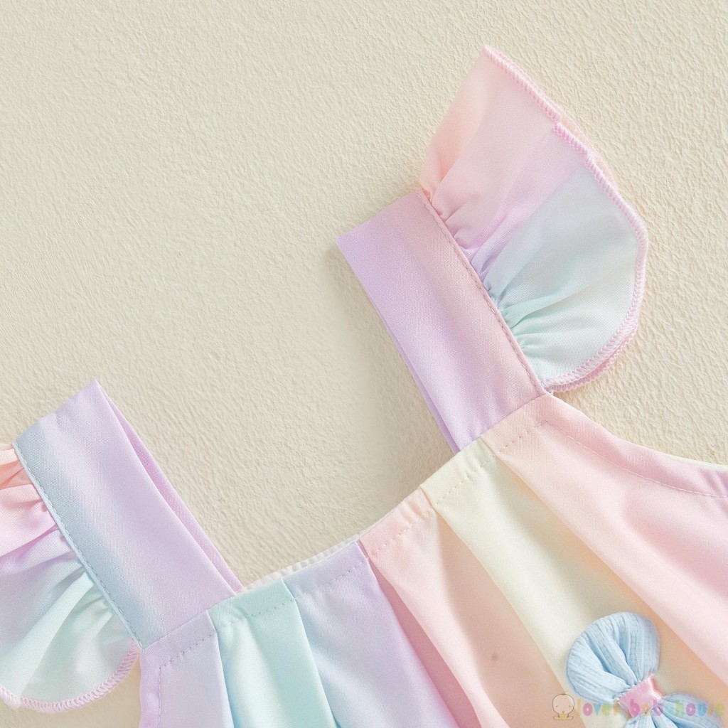 LBH-Baby Bé Gái Thời Trang Mùa Hè Đầy Màu Sắc Nơ Trang Trí Áo Liền Quần Cổ Vuông Tay Bay