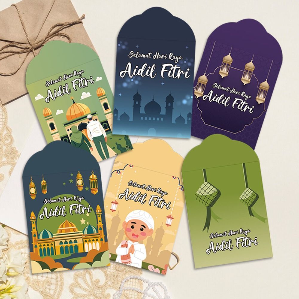 HWAIDY 6 Thẻ Tiền, Giấy Dày Eid Mubarak Phong Bì Tiền Mặt, Truyền Thống Nhiều Màu Sắc Eid Al-fitr Tiếp Liệu Cho Gia Đình Tập Hợp