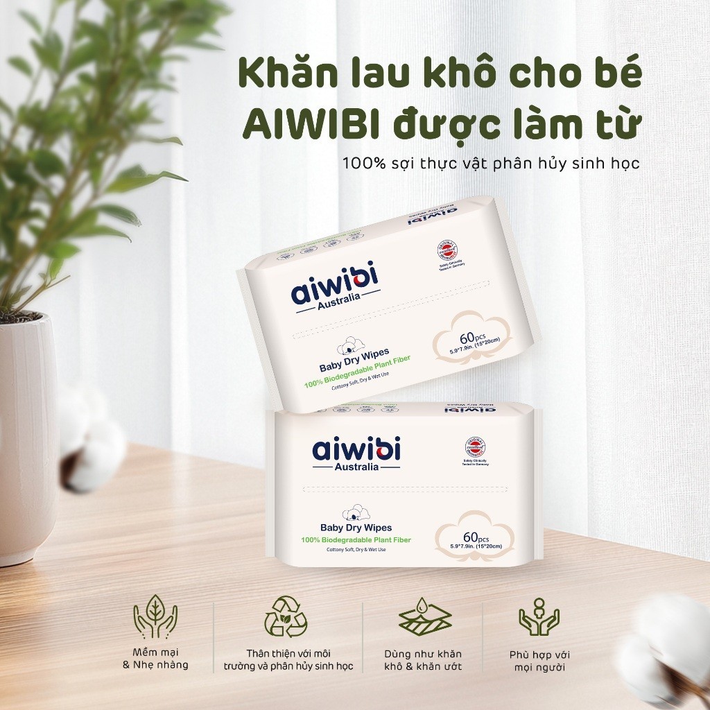 [Combo 5] Khăn Khô Aiwibi Phân Hủy Sinh Học 100% Làm Sạch Nhẹ nhàng, An Toàn Cho Da Nhạy Cảm (60 Miếng)