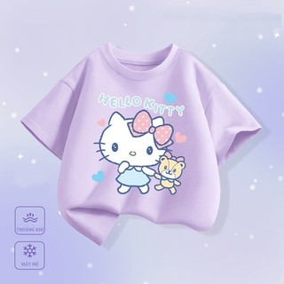 Áo thun mỏng cổ tròn kiểu Mỹ, thoải mái, in hình Hello Kitty của Sanrio dành cho bé gái, một mặt.