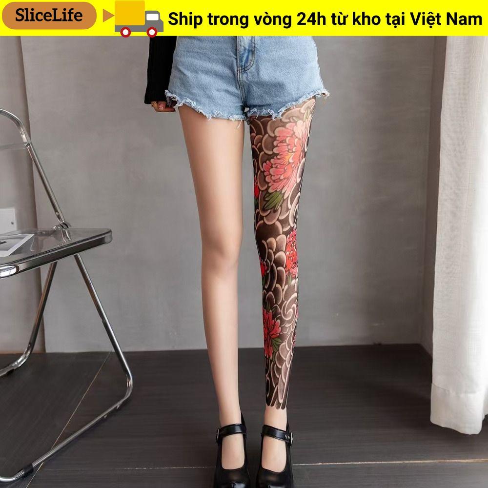Quần tất nữ SLICELLIFE legging lưới, họa tiết hình xăm giả, phù hợp mùa hè