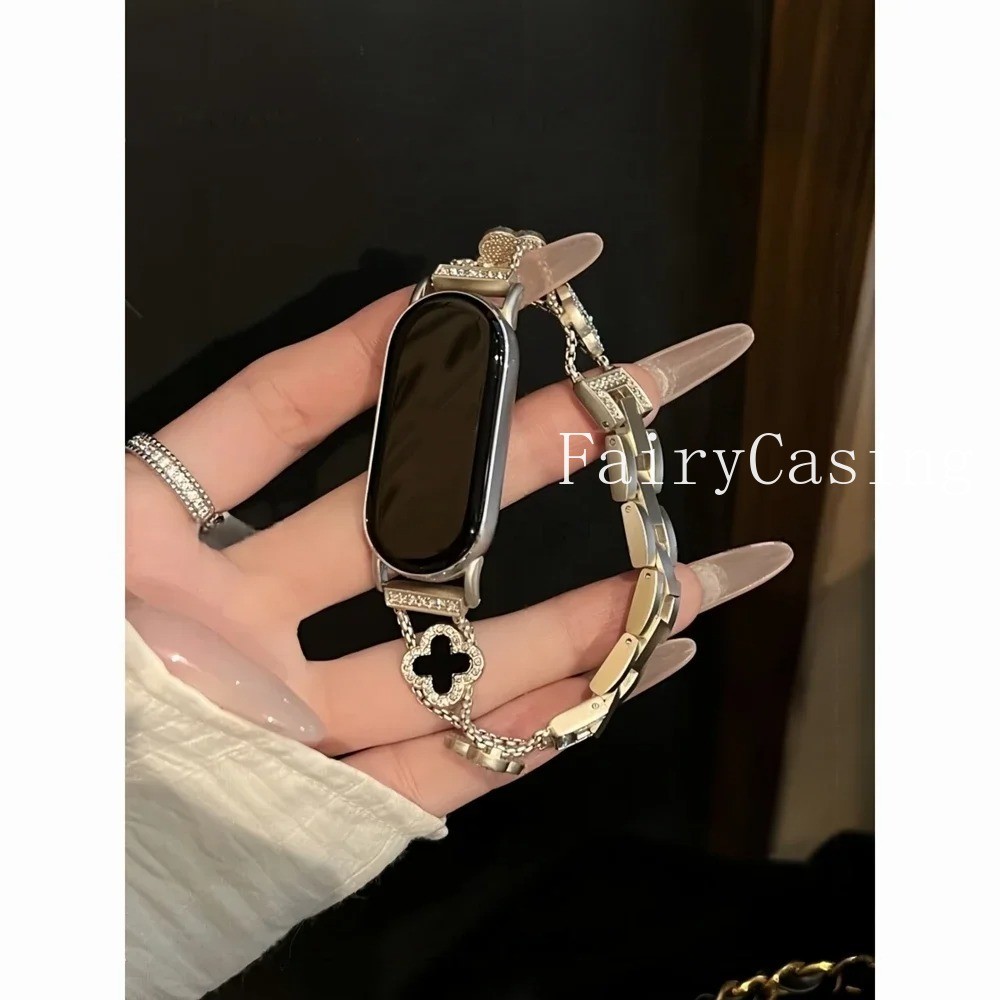Dây đeo kim loại cỏ ba lá sang trọng tuyệt vời cho Xiaomi Band 10 9 8 NFC Vòng đeo tay cho Redmi Watch 4 5 6 Starps