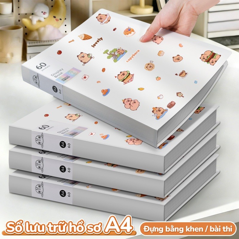 File lá đựng tài liệu A4 trong suốt 60 lá – Tệp đựng hồ sơ cho học sinh & nhân viên văn phòng, sticker Capybara