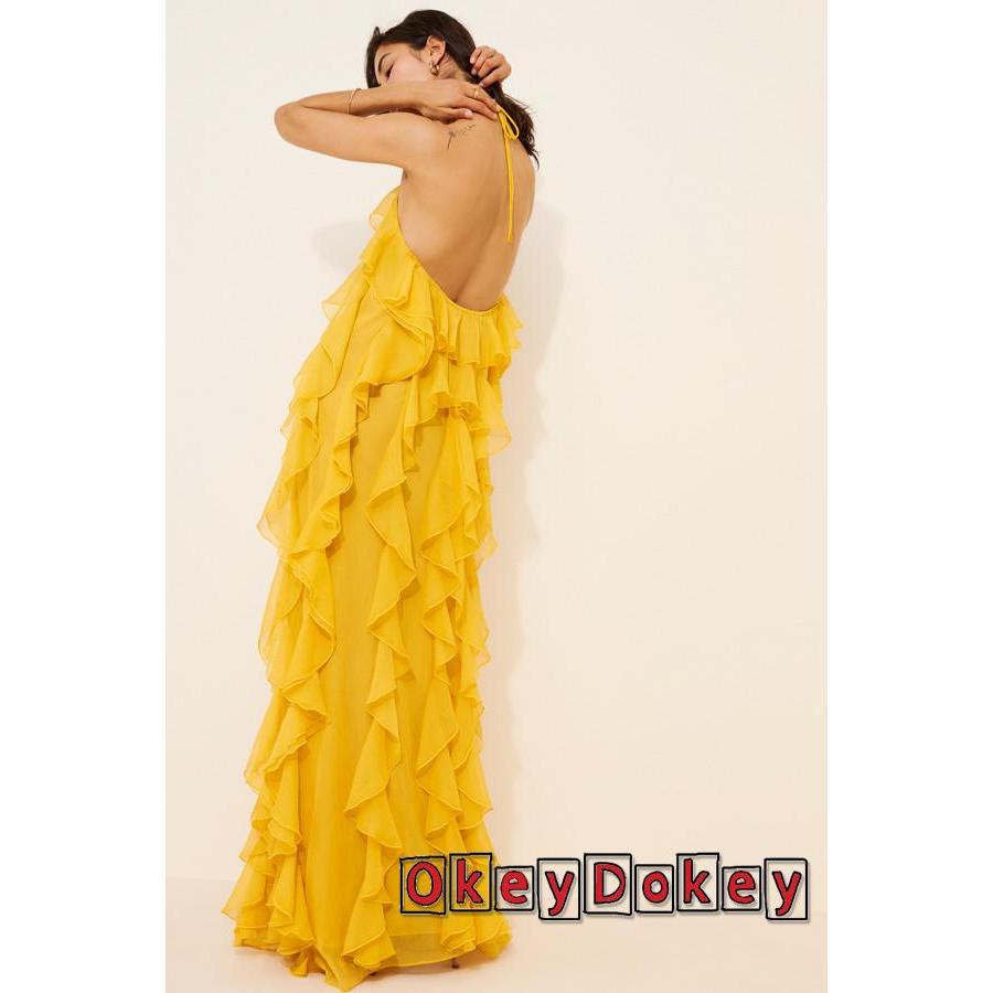 OKDK-Nữ Dây Lưng Không Tay Màu Trơn Xù Đầm Maxi Cho Tiệc Cưới