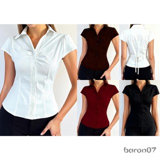 Áo sơ mi nữ nút xuống màu trơn, thiết kế slim fit, cổ chữ V