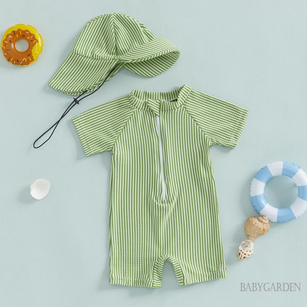 Tập Đi Bé Trai Sọc Đồ Bơi Tay Ngắn Nửa Dây Kéo Chống Đập Rash Guard Đồ Bơi Sunhat Bộ