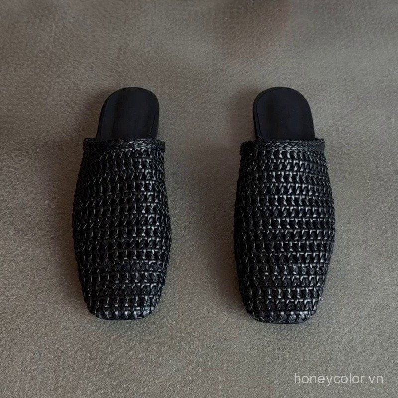 2026 Phong Cách Mới Dệt Rỗng Ra ClosedToe Mules Cho Nữ Mùa Hè FlatToed Dép Thời Trang